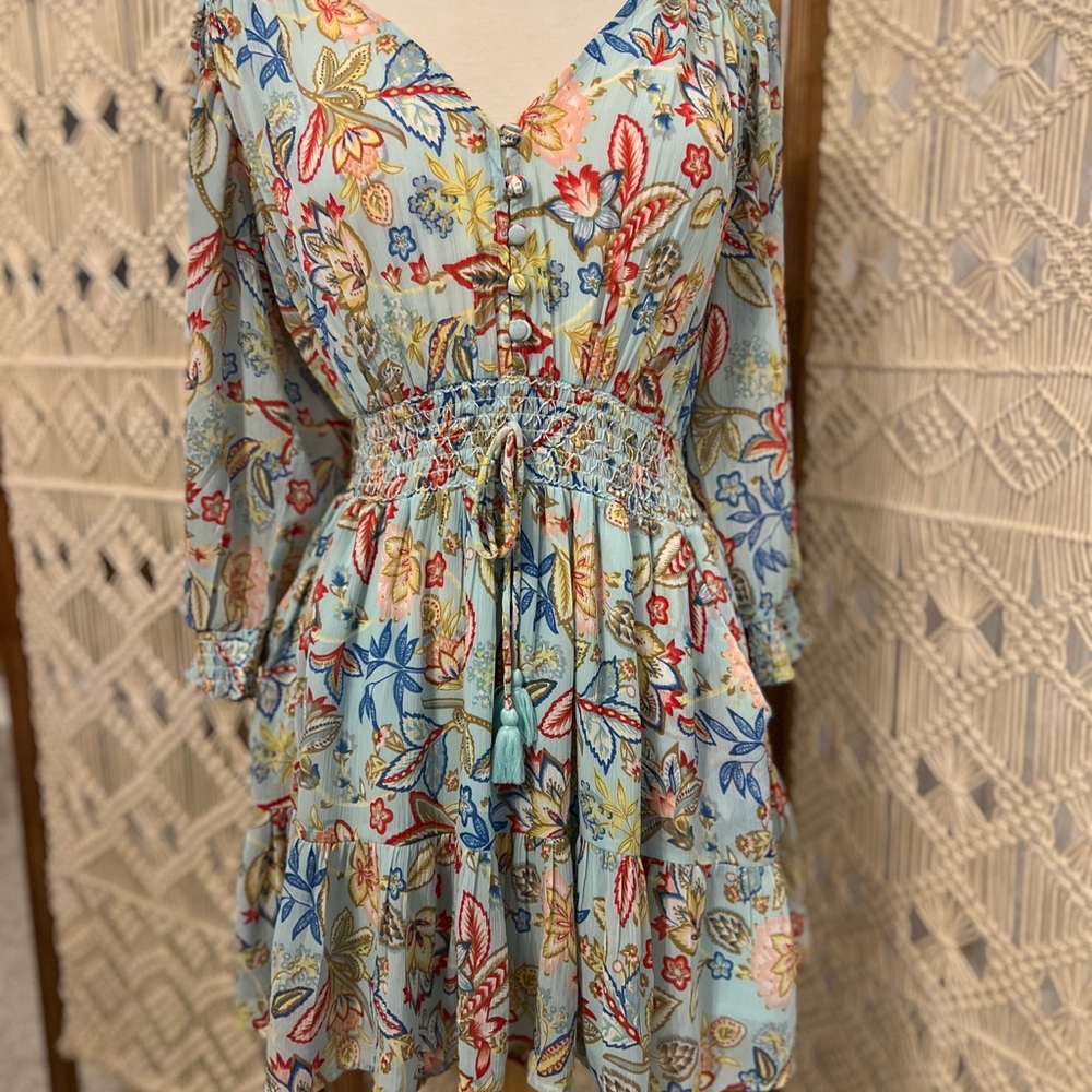 Elan Multicolor Floral Smock Waist Button Front Long Sleeve Dress